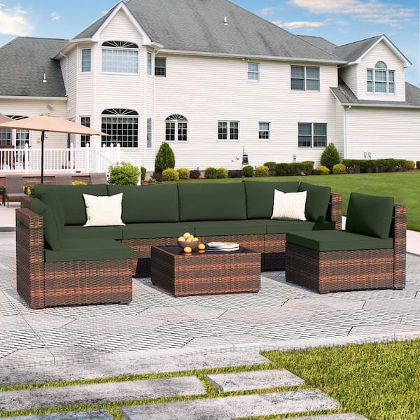 UPHA 7-Piece Wicker Outdoor Patio Conversation Sectional Seating Set with Pine Green Cushions