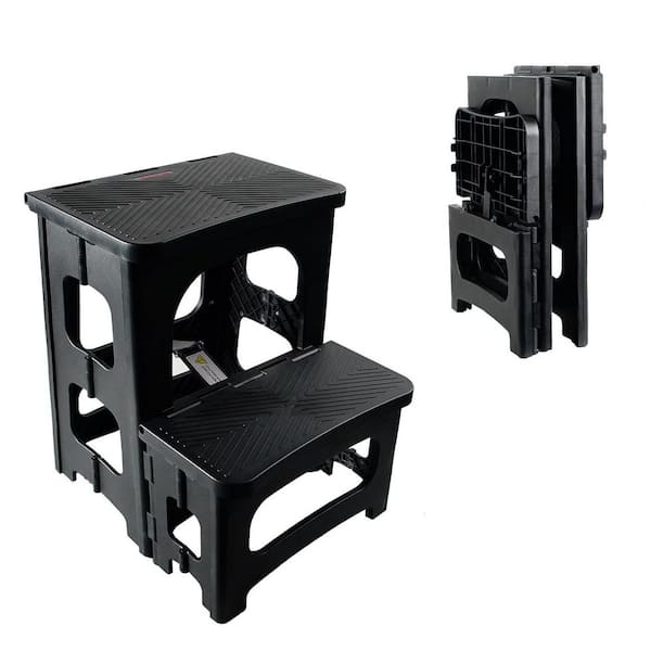 2-Step Reach Portable Stool Ladder Non-Slip Folding Design for Kitchen Bathroom Closet Office Black 300 lbs. Capacity