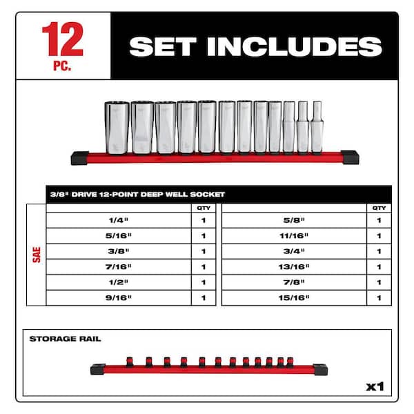 3/8 in. Drive SAE 12-Point Deep Well Socket Set (12-Piece)