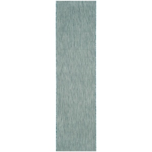 Courtyard Aqua/Gray 2 ft. x 14 ft. Geometric Indoor/Outdoor Patio  Runner Rug