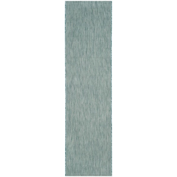 Courtyard Aqua/Gray 2 ft. x 20 ft. Solid Color Chevron Indoor/Outdoor Runner Rug