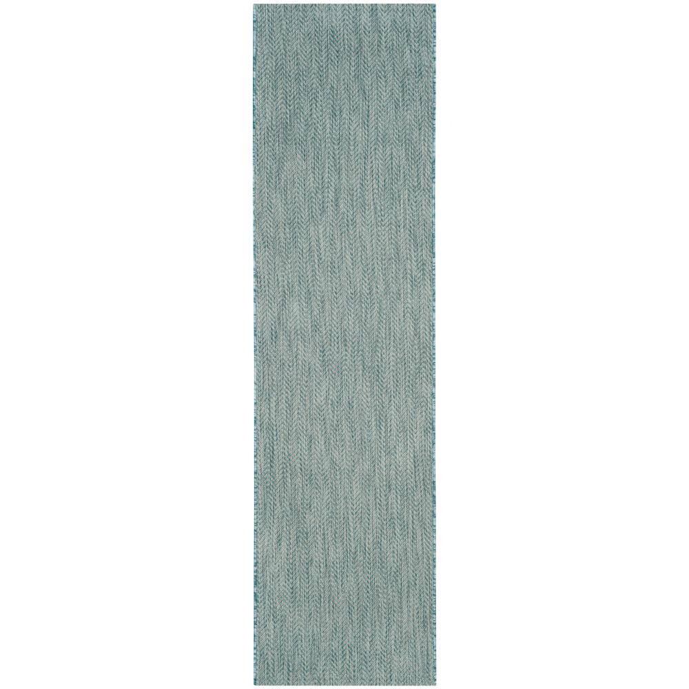 Aqua and Grey Synthetic 27'' Easy-Care Indoor/Outdoor Runner Rug