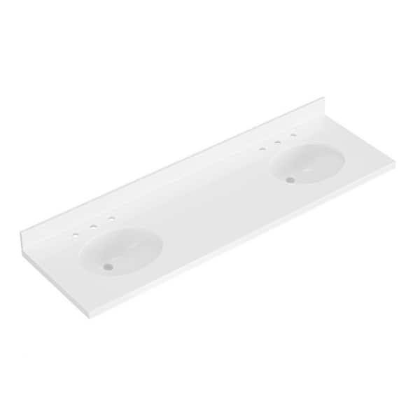 ARIEL 73 in. W x 22 in. D in Pure White Quartz with 1.5 in Thick Milter Edge with White Round Double Sink Vanity Top in White
