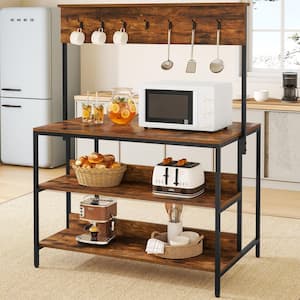 Keenyah Rustic Brown 3-Shelf Metal 42.9 in. W Baker's Rack Kitchen Island Table with Openback and 14 Y-Shaped Hooks