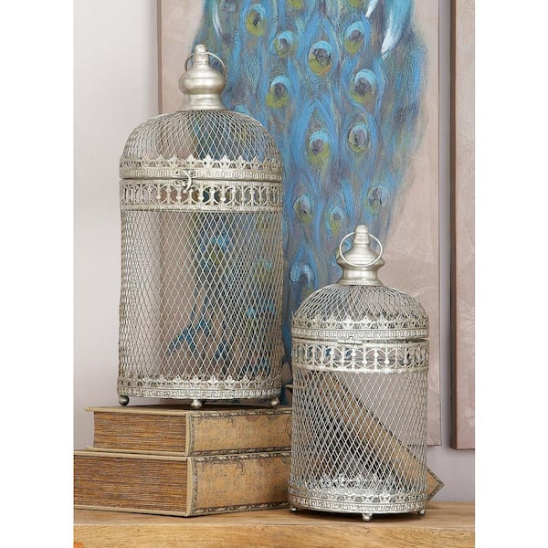 Litton Lane Large: 26 in; Medium: 21 in; Small: 17 in. Silver Metal Wire Cage Lattice Candle Holder (Set of 3)