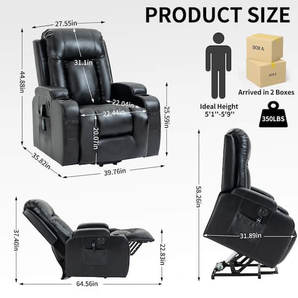 Black Power Lift Recliner Chair with 8-Point Vibration Massage and Lumbar Heating, USB Charging Port, Cup Holders