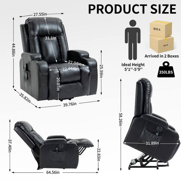 Black Power Lift Recliner Chair with 8-Point Vibration Massage and Lumbar Heating, USB Charging Port, Cup Holders