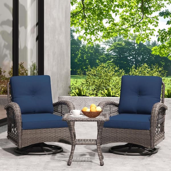 3-Piece Wicker Outdoor Rocking Chair Patio Conversation Set Swivel Chairs with Blue Cushions and Side Table