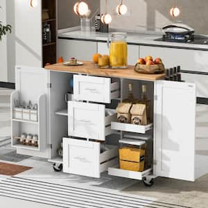 White Wood 50 in. Kitchen Island with Kitchen Storage Cart with Spice Rack Towel Rack