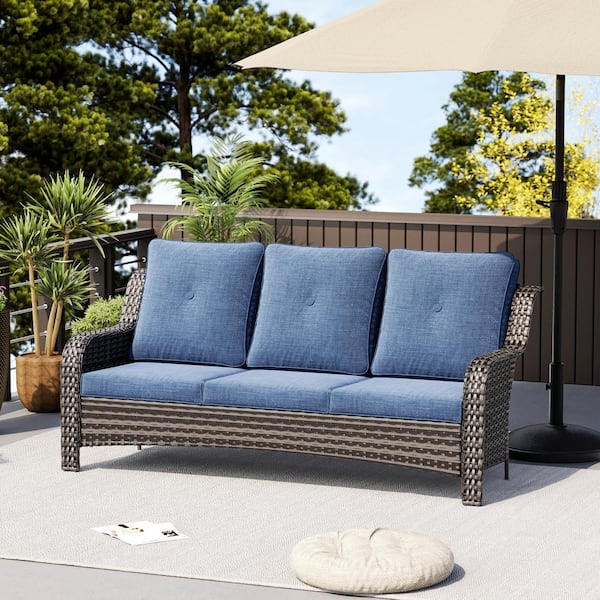 Poteban 3-Seat 72 in. Wicker Outdoor Patio Sofa Sectional Couch with Navy Blue Cushions