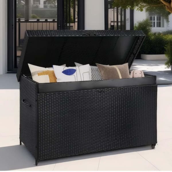200 gal. All-Weather Patio Deck Box with Wheels, Indoor Outdoor Lockable Storage Container for Patio Furniture, Black