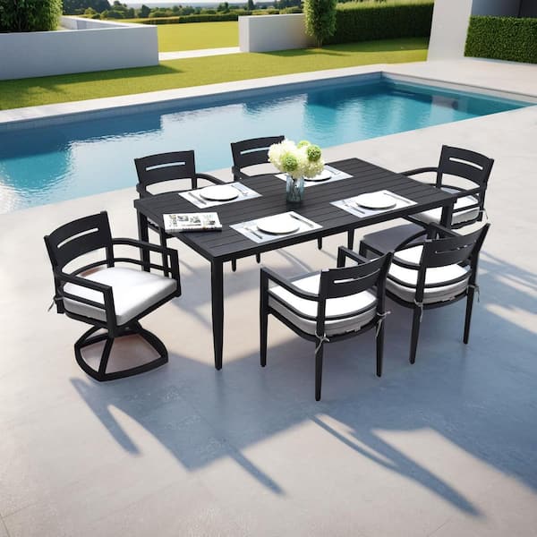 7-Piece Aluminum Outdoor Dining Set with Sunbrella Cushions and Rectangle Dining Table with Umbrella Holez in black