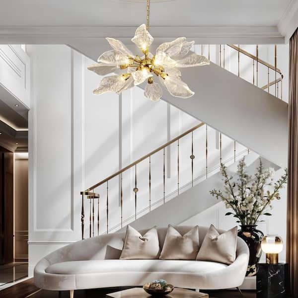 GOLD シャンデリア YUYI D31.5 in. 18-Light Gold Modern Chandelier, Crystal Leaf