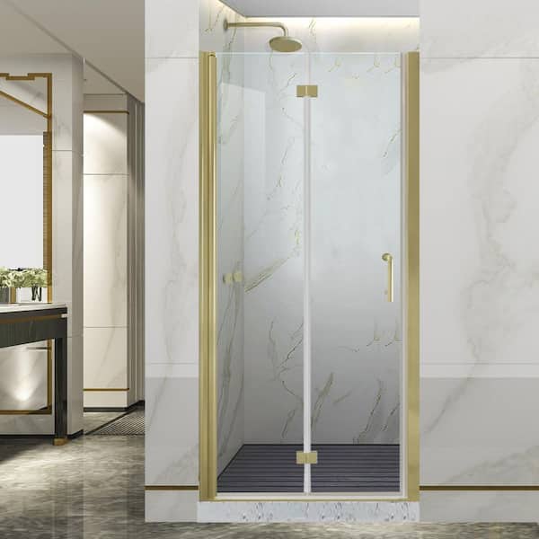 Lonni 32-33.9 in.W x 72 in.H Bi-Fold Frameless Shower Door with 1/4 in Clear SGCC Tempered Glass and Brushed Gold Finish