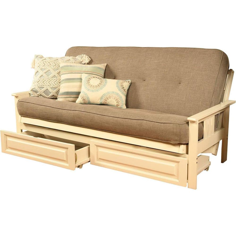 79 in. Antique White/Linen Stone Linen Upholstered Full Size Futon Set with Mattress and Storage Drawers
