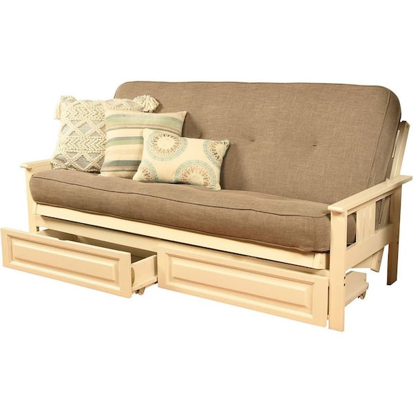 79 in. Antique White/Linen Stone Linen Upholstered Full Size Futon Set with Mattress and Storage Drawers