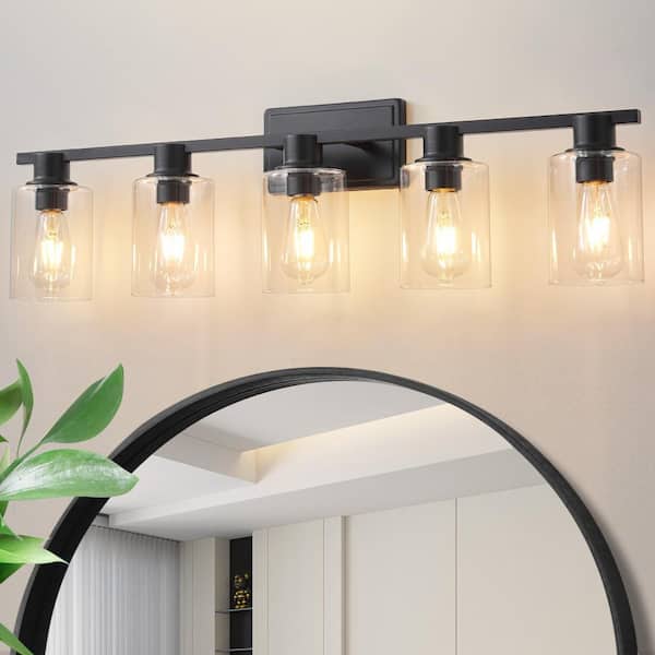 Farmhouse 35 in. 5-Light Black Modern Industrial Indoor Vanity Light with Clear Glass Shades, Bulbs Not Included