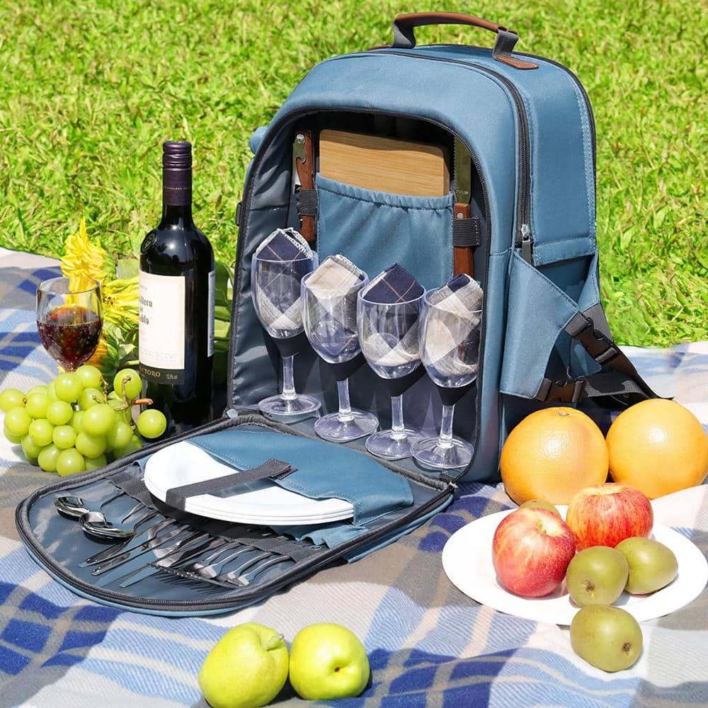 Light Blue 4-Person Picnic Backpack with Blanket and Insulated Cooler