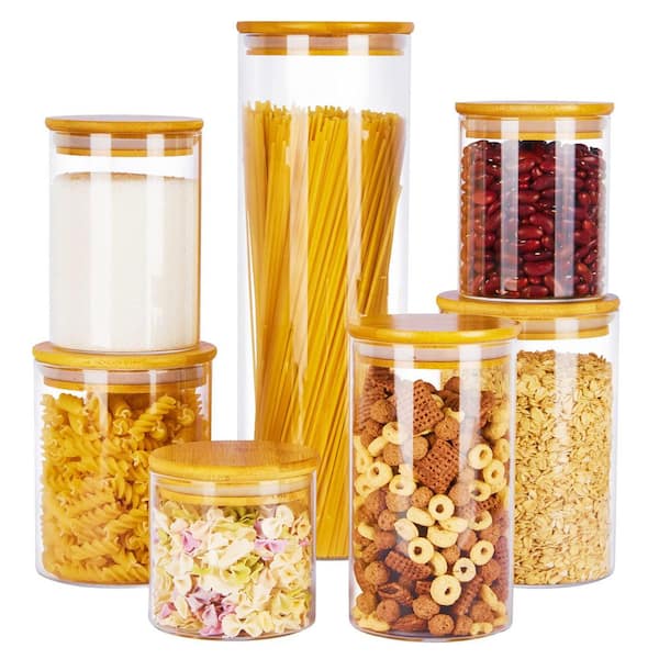 7-Piece Glass Food Storage Jar Kitchen Canisters Set with Airtight Bamboo Lids for Kitchen Pantry and Countertop