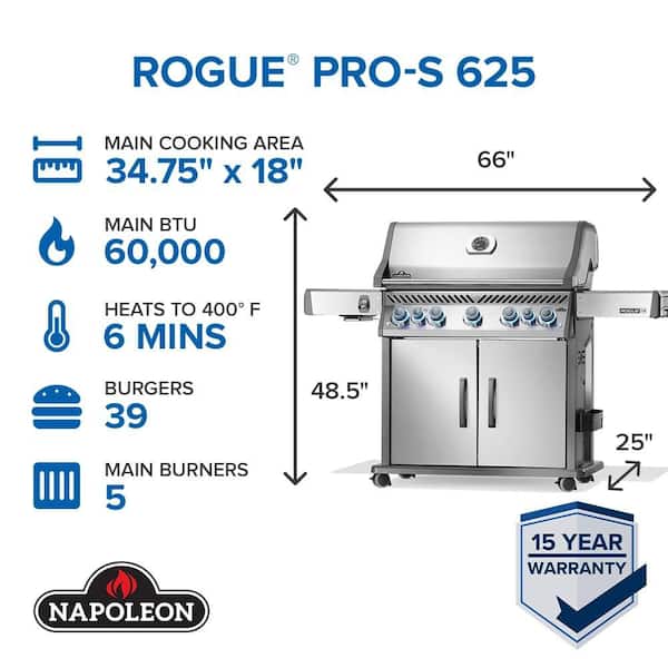 Rogue PRO-S 625 5-Burner Propane Gas Grill in Stainless Steel with Infrared Side and Rear Burners with Cover