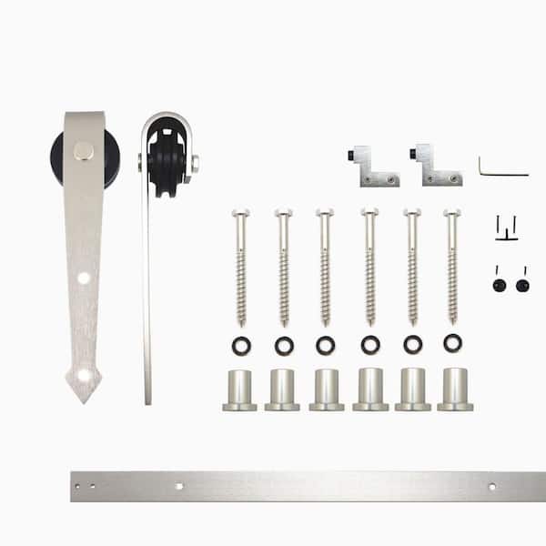 HOMACER 8 ft./96 in. Brushed Nickel Non-Bypass Sliding Barn Door Hardware Kit Arrow Design Roller for Single Door