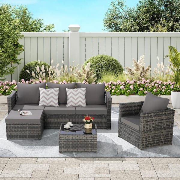 3-Piece Wicker L-Shaped Outdoor Sectional Sofa Set with Dark Gray Cushions and Coffee Table