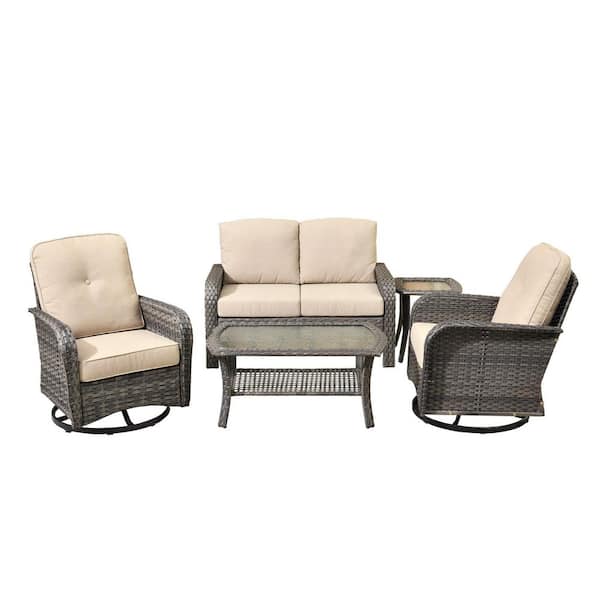 Ruby Grey 5-Piece Wicker Outdoor Furniture Patio Conversation Sofa Set with Swivel Chairs and Beige Cushions