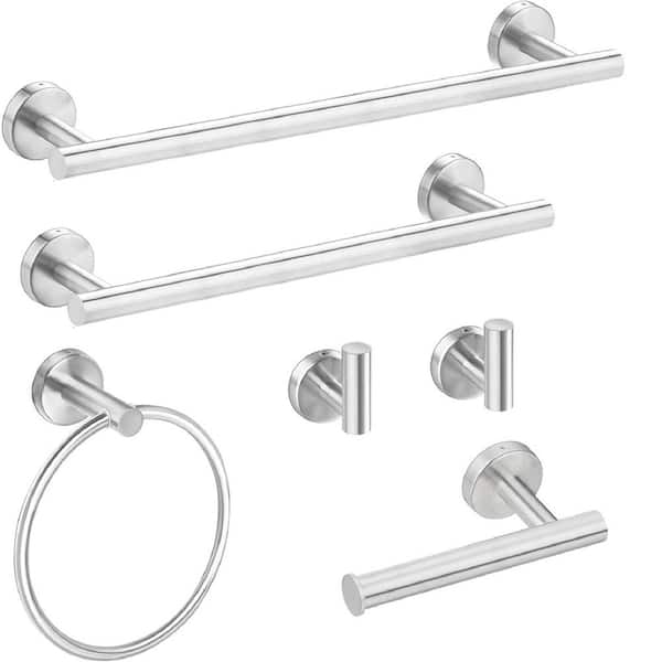 Unbranded 6-Piece Bath Hardware Set with Towel Rail, Paper Towel Rack, Towel Ring and Hook in Brushed Nickel