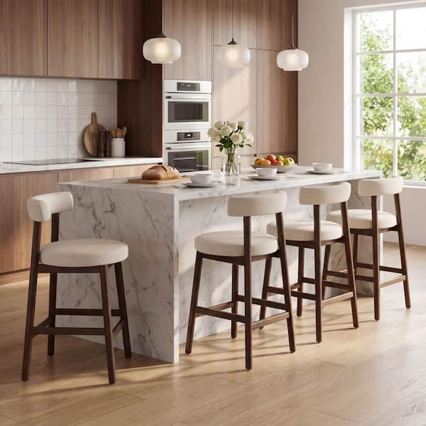 Bart 26.77 in. Beige Fabric Upholstered Modern Counter Bar Stools with Walnut Finish Solid Wood Frame, Set of 4