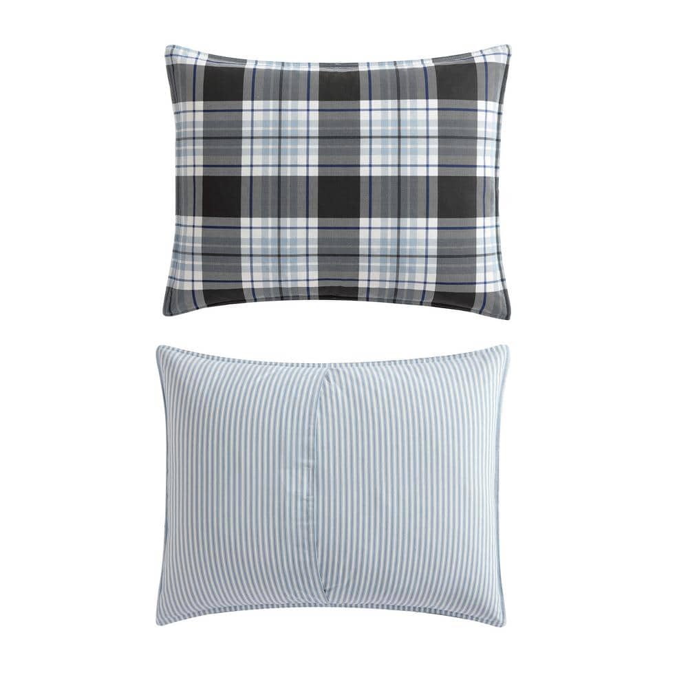 Twin Navy Plaid Cotton Duvet Cover Set with Sham