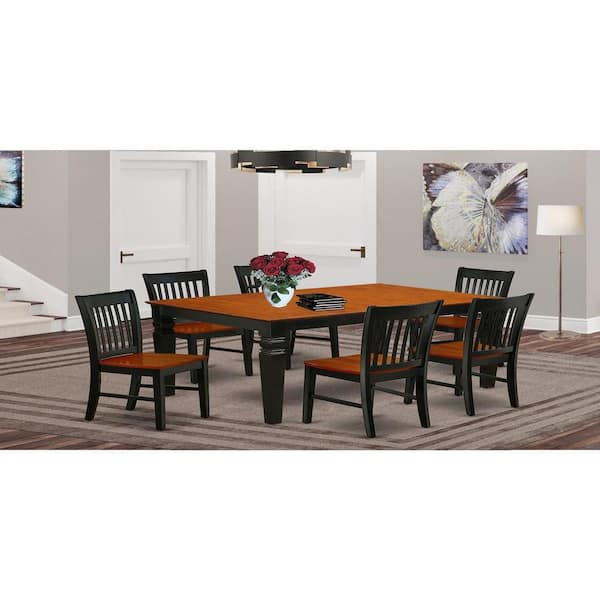 7-Piece Rectangle Black & Cherry Finish Solid Wood Top Dining Table with 6-Chairs with Lattice Back