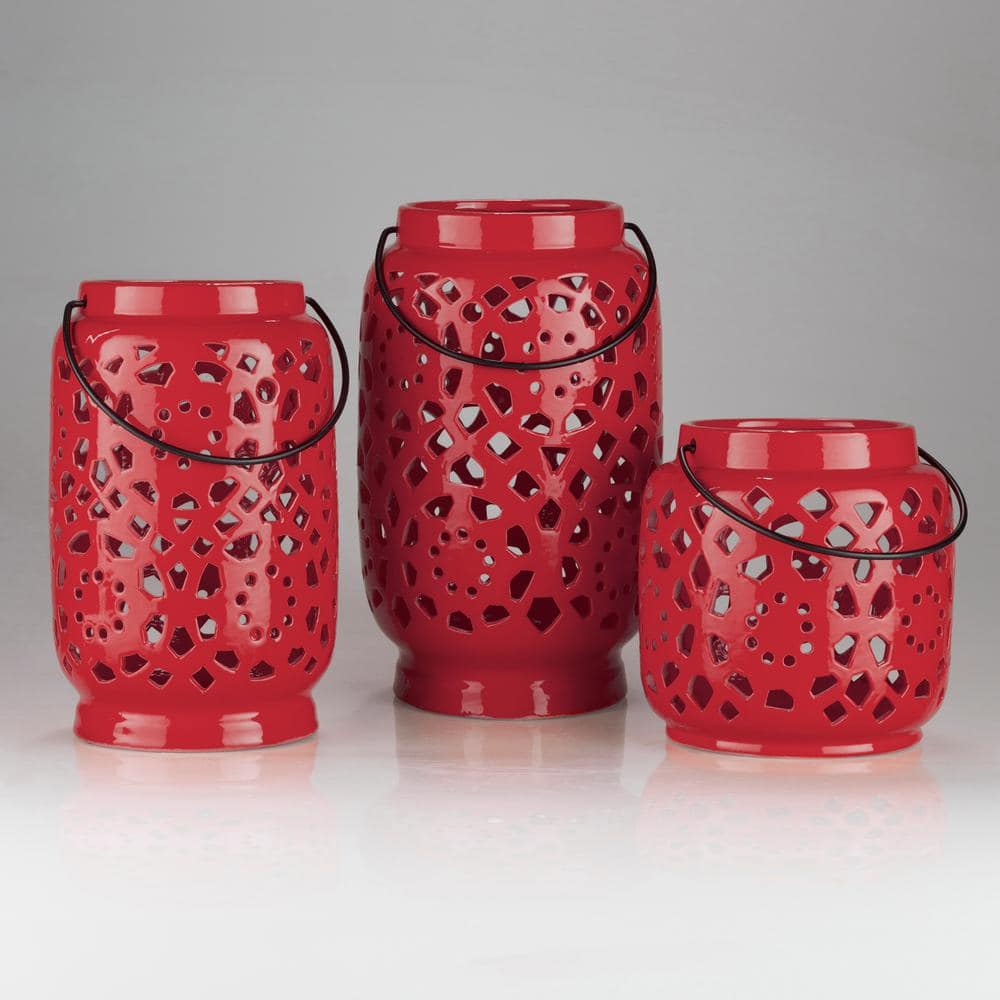 Kimba 11" Red Ceramic Decorative Lantern with Cut-Out Design