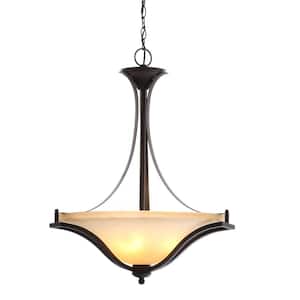 3-Light Rustic Iron Pendant with Antique Ivory Glass Shade