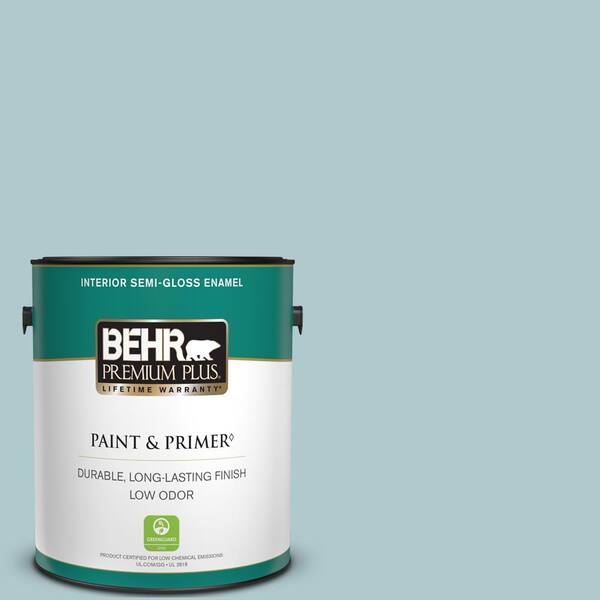 BEHR PREMIUM PLUS 1 gal. Home Decorators Collection #HDC-SM14-8 Floating Blue Semi-Gloss Enamel Low Odor Interior Paint & Primer