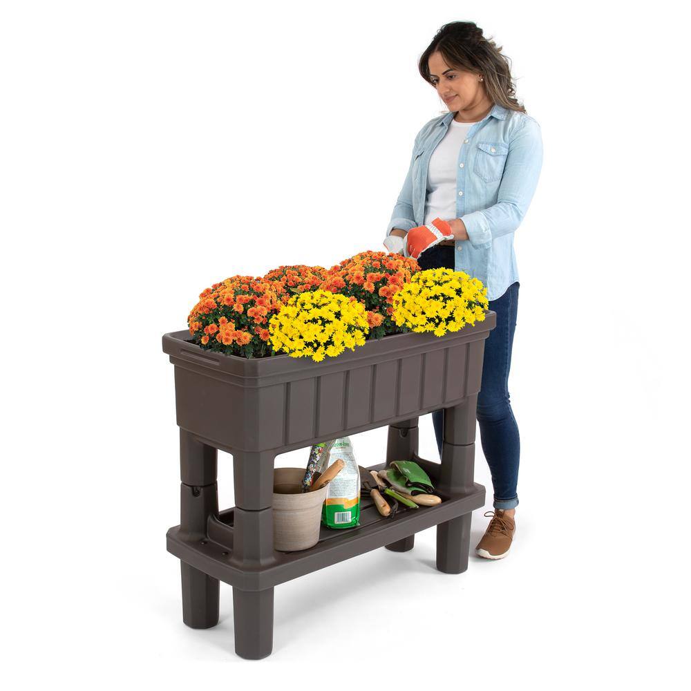 Espresso Raised Plastic Outdoor Patio Garden Planter with Storage