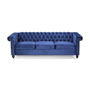 Parkhurst 83 in. Midnight Blue Solid Velvet 3-Seats Chesterfield Sofa with Removable Cushions