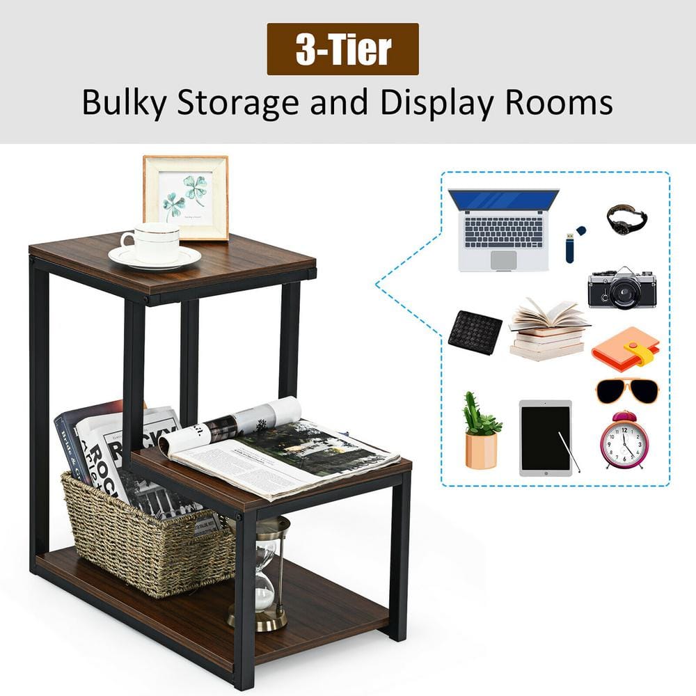 Brown Wood and Metal 3-Tier End Table with Storage