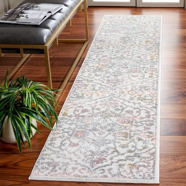 Layla 2 ft. x 9 ft. Ivory Gray/Pink Distressed Ornate Runner Rug