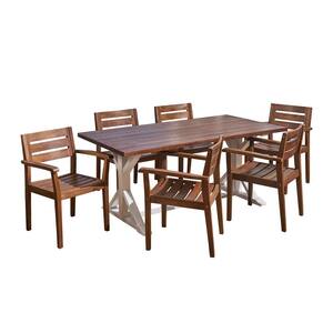 Kentwood Dark Brown 7-Piece Acacia Wood Rectangular Table Outdoor Patio Dining Set