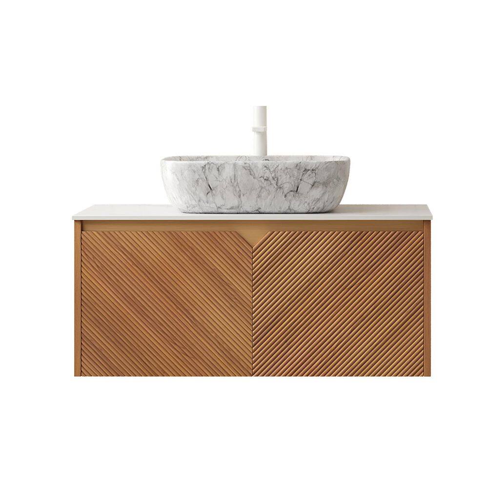 36 in. Wall Mounted Single Sink Brown Oak Bath Vanity with White Sintered Stone Top and Marble Pattern Vessel Basin price history on PriceWatchPro