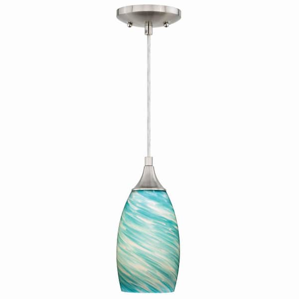 VAXCEL Milano 1-Light Satin Nickel Mini Pendant Ceiling Light Blue Glass