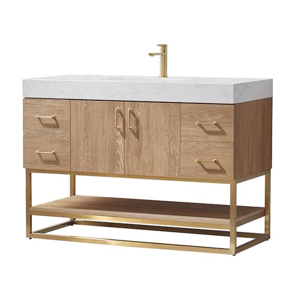 Alistair 48 in. Bath Vanity in North American Oak with Grain Stone Top in White with White Basin