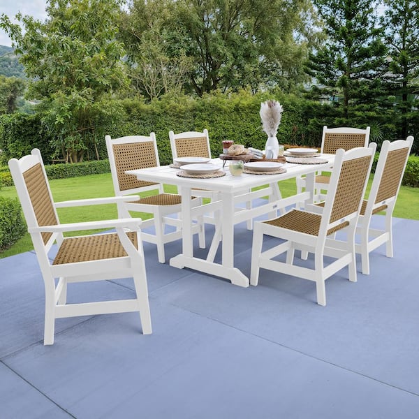 LuXeo Tuscany White 7-Piece HDPE Plastic Woven Retangle Outdoor Dining Set