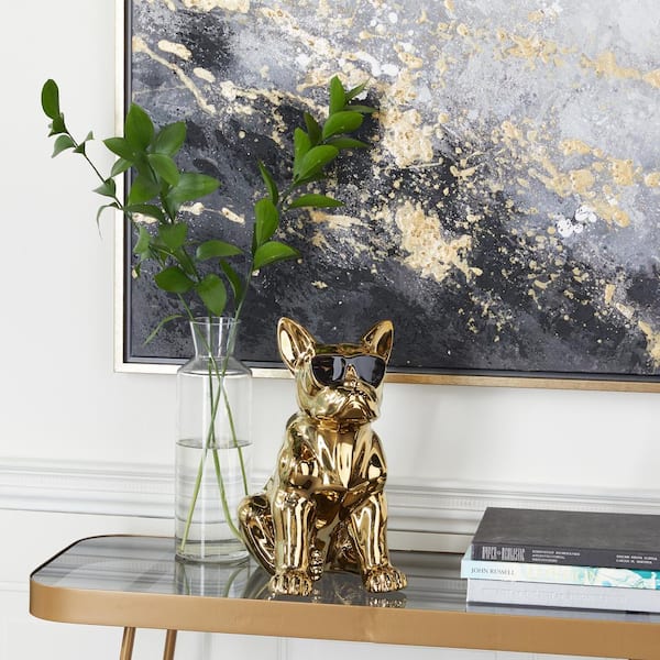 CosmoLiving by Cosmopolitan 10 in. x 12 in. Gold Ceramic Bulldog Sculpture with Sunglasses