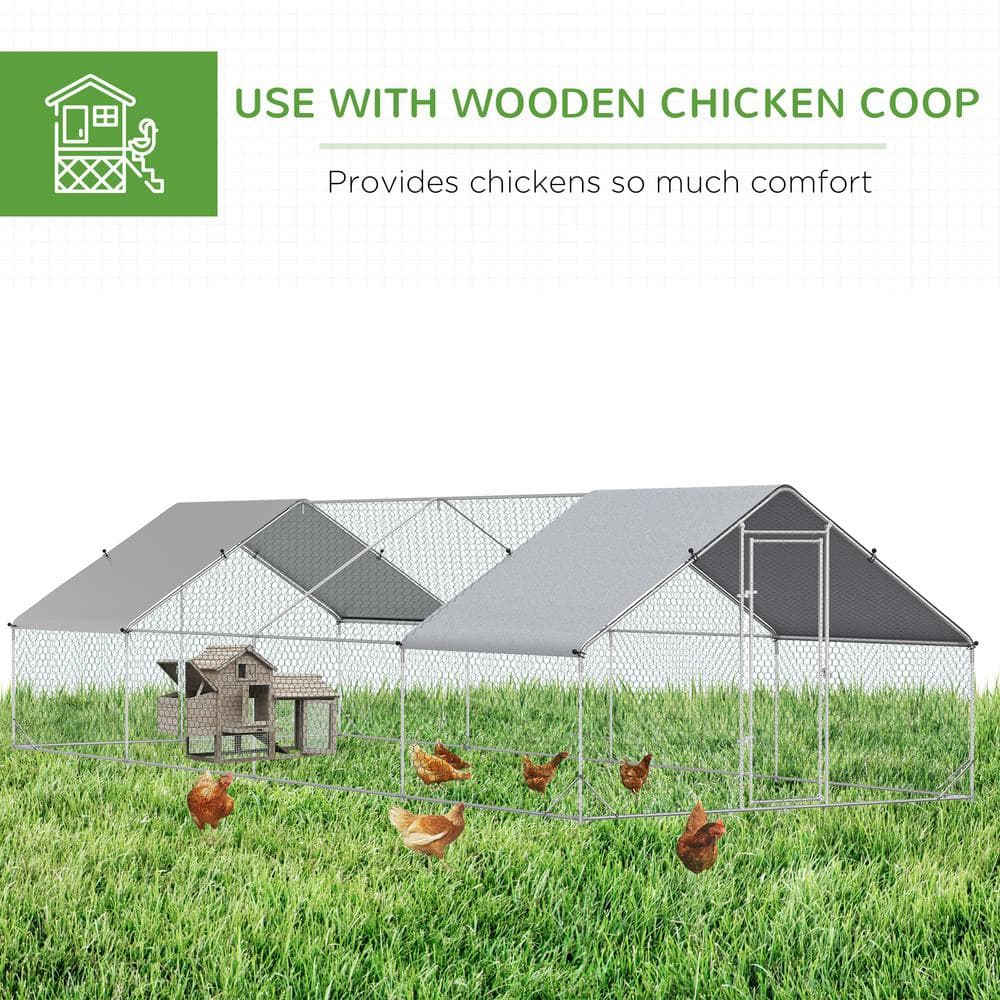 Large Silver Metal Chicken Coop with UV-Resistant Cover