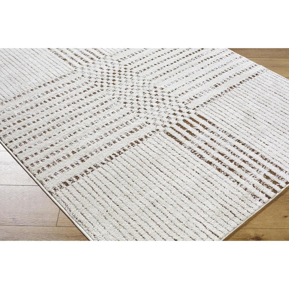 Ivory and Dark Brown Geometric Polyester Area Rug, 6'7" x 9'