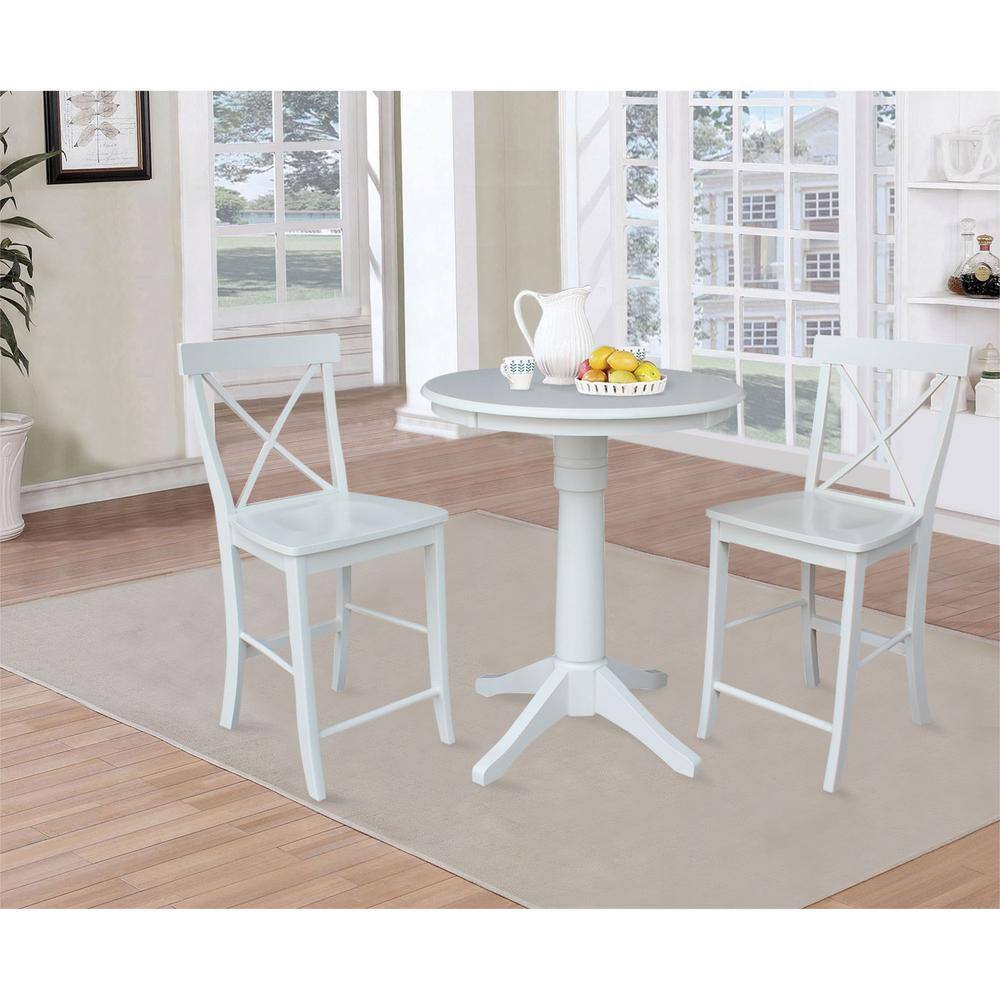 White Solid Wood Round Counter Height Table with 2 X-Back Stools