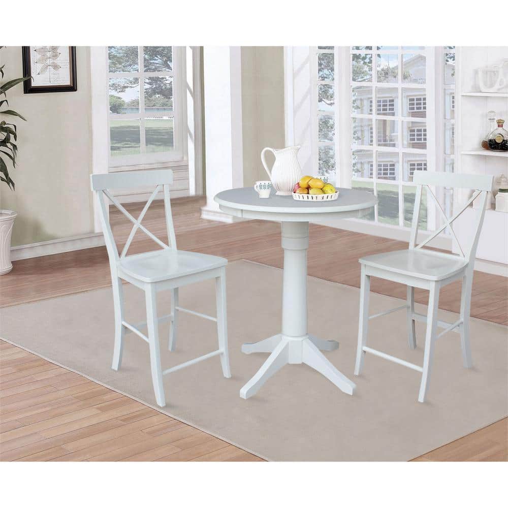 White Solid Wood Round Counter Height Table with 2 X-Back Stools