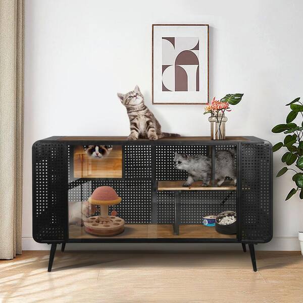 Miscool Anky Living Room Cat House Furniture Metal Frame with 2 Sliding Tempered Glass Doors in Black Brown