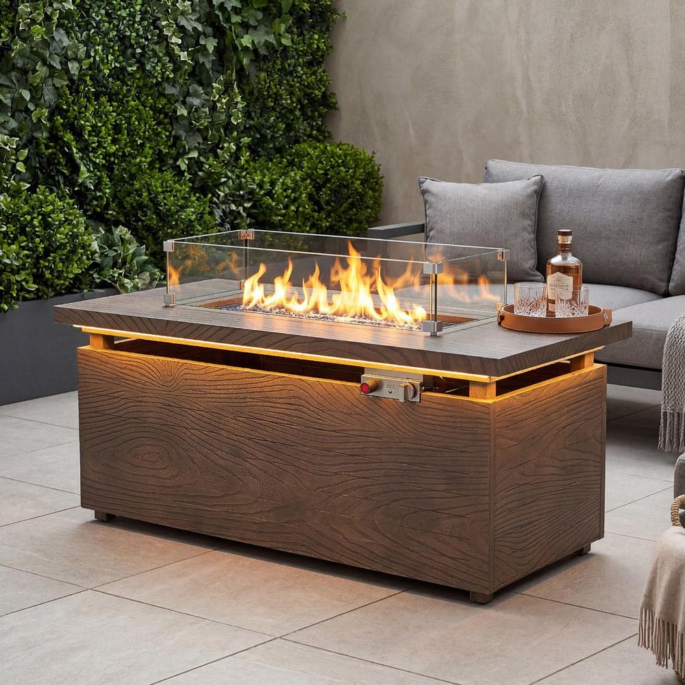 eVita 51 in. Retangular Fire Pit Table with Metal Table Top Outdoor Fire Pit Table in Brown Wood Grain FT042